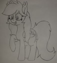 Size: 1280x1407 | Tagged: safe, artist:wafflecakes, oc, oc only, bat pony, pony, monochrome, open mouth, raised hoof, simple background, smiling, traditional art