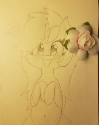 Size: 1280x1606 | Tagged: safe, artist:wafflecakes, oc, oc only, pony, unicorn, blushing, flower, monochrome, on back, simple background, smiling, traditional art