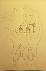 Size: 1235x1920 | Tagged: safe, artist:wafflecakes, oc, oc only, pony, unicorn, blushing, monochrome, on back, simple background, smiling, traditional art