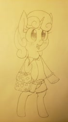 Size: 1080x1920 | Tagged: safe, artist:wafflecakes, sweetie belle, pony, unicorn, bipedal, clothes, monochrome, open mouth, purse, smiling, traditional art