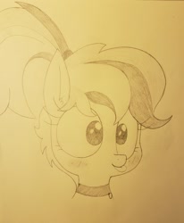 Size: 1280x1554 | Tagged: safe, artist:wafflecakes, oc, oc only, pony, blushing, collar, monochrome, simple background, smiling, tongue out, traditional art