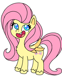 Size: 362x444 | Tagged: safe, artist:wafflecakes, fluttershy, pegasus, pony, my little pony: pony life, calarts, calarts smile, chest fluff, open mouth, simple background, smiling, spread wings, wings