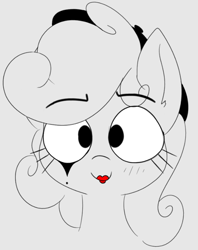 Size: 635x803 | Tagged: safe, artist:wafflecakes, oc, oc only, pony, beret, hat, lipstick, makeup, mime, monochrome, simple background, smiling