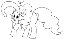 Size: 946x569 | Tagged: safe, artist:wafflecakes, pinkie pie, balloon, monochrome, narpnarp, open mouth, raised hoof, simple background, smiling