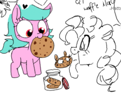 Size: 809x642 | Tagged: safe, artist:wafflecakes, pinkie pie, oc, oc only, pony, cookie, drawpile, food, licking, open mouth, ponified, simple background, smiling, tongue out