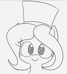 Size: 695x762 | Tagged: safe, artist:wafflecakes, oc, oc only, oc:hattsy, pony, hat, monochrome, simple background, smiling, top hat