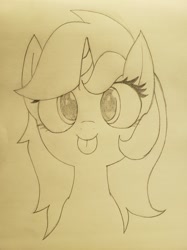 Size: 1280x1707 | Tagged: safe, artist:wafflecakes, lyra heartstrings, pony, unicorn, monochrome, simple background, smiling, tongue out, traditional art