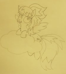 Size: 1280x1428 | Tagged: safe, artist:wafflecakes, cloudchaser, pegasus, pony, cloud, flying, monochrome, simple background, smiling, spread wings, tongue out, traditional art, wings