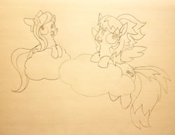 Size: 1280x990 | Tagged: safe, artist:wafflecakes, cloudchaser, flitter, pegasus, pony, cloud, flying, monochrome, smiling, spread wings, tongue out, traditional art, wings