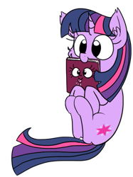 Size: 493x660 | Tagged: safe, artist:wafflecakes, twilight sparkle, pony, unicorn, book, mouth hold, ponified, simple background, sitting, smiling, tongue out, transparent background, unicorn twilight
