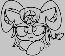 Size: 931x802 | Tagged: safe, artist:wafflecakes, oc, oc only, pony, devil horns, lying down, monochrome, pentagram, smiling