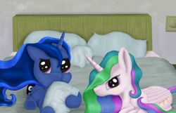 Size: 1024x661 | Tagged: safe, artist:heffatos, deleted from derpibooru, princess celestia, princess luna, banned from derpibooru, bed, bedroom, cute, pillow