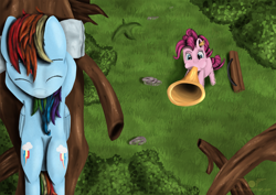 Size: 1024x724 | Tagged: safe, artist:heffatos, deleted from derpibooru, pinkie pie, rainbow dash, banned from derpibooru, sleeping, tree