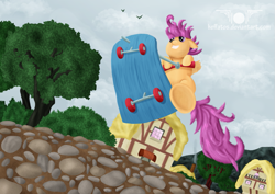 Size: 1063x752 | Tagged: safe, artist:heffatos, deleted from derpibooru, scootaloo, banned from derpibooru, ponyville, scooter, solo