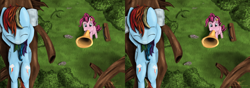 Size: 1280x453 | Tagged: safe, artist:heffatos, deleted from derpibooru, pinkie pie, rainbow dash, banned from derpibooru, cross-eyed, sleeping, stereoscopy, tree