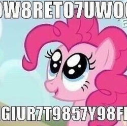 Size: 540x535 | Tagged: source needed, safe, imported from derpibooru, pinkie pie, pony, female, impact font, incomprehensible, looking up, needs more jpeg, shiny eyes, solo, sparkly eyes, text, wingding eyes, word purée