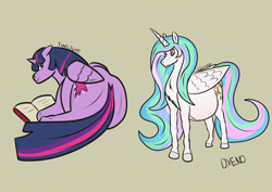 Size: 1280x905 | Tagged: safe, imported from derpibooru, princess celestia, twilight sparkle, alicorn, book, preglestia, pregnant, twilight sparkle (alicorn)