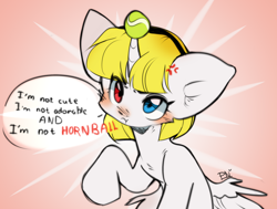 Size: 1280x968 | Tagged: safe, artist:pledus, imported from derpibooru, oc, oc only, alicorn, pony, alicorn oc, ball, blushing, commission, cross-popping veins, female, heterochromia, horn, hornball, i'm not cute, scrunchy face, solo, tennis ball, wings, ych result