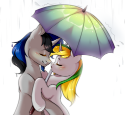 Size: 1280x1173 | Tagged: safe, artist:pledus, imported from derpibooru, oc, pony, unicorn, commission, duo, eyes closed, female, horn, male, oc x oc, rain, shipping, umbrella, unicorn oc, ych result