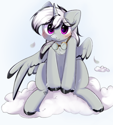 Size: 1280x1409 | Tagged: safe, artist:pledus, imported from derpibooru, oc, oc only, alicorn, pony, alicorn oc, blushing, cloud, commission, cute, goggles, horn, male, solo, wings, ych result