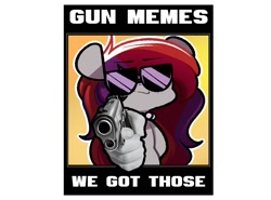 Size: 1182x876 | Tagged: safe, artist:sourspot, imported from derpibooru, oc, oc only, oc:evening prose, pegasus, pony, caption, female, freckles, gun, jewelry, looking at you, m1911, mare, meme, necklace, pearl necklace, solo, sunglasses, text, weapon