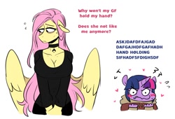 Size: 1008x685 | Tagged: safe, artist:redxbacon, imported from derpibooru, fluttershy, twilight sparkle, anthro, pegasus, unicorn, blushing, breasts, busty fluttershy, choker, cleavage, female, floating heart, floppy ears, flustered, gibberish, heart, height difference, lesbian, shipping, simple background, tallershy, twishy, white background