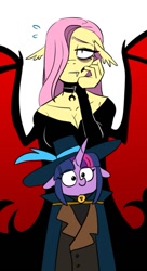 Size: 503x925 | Tagged: safe, artist:redxbacon, imported from derpibooru, fluttershy, twilight sparkle, anthro, bat pony, pegasus, undead, unicorn, vampire, bat ponified, blushing, breasts, cleavage, clothes, dress, female, flutterbat, hair over one eye, height difference, lesbian, off shoulder, race swap, shipping, simple background, tallershy, twishy, white background