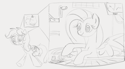 Size: 1102x609 | Tagged: safe, artist:dotkwa, imported from derpibooru, fluttershy, oc, oc:dotmare, earth pony, pegasus, pony, body control, brain, control panel, duo, female, grayscale, mare, micro, monochrome, organs, sketch