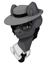 Size: 1500x2000 | Tagged: safe, artist:lazymishel, imported from derpibooru, oc, oc only, oc:mean streets, pony, fallout equestria, balefire blues, bust, clothes, fedora, hat, monochrome, necktie, noir, simple background, solo, transparent background, wild wasteland