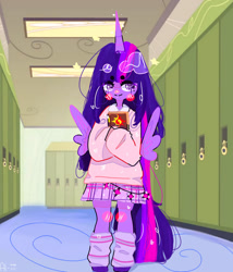 Size: 1280x1494 | Tagged: safe, artist:al-iii, imported from derpibooru, twilight sparkle, alicorn, equestria girls, blush sticker, blushing, book, clothes, female, horn, lockers, ponied up, school, skirt, socks, solo, sweater, twilight sparkle (alicorn), wings