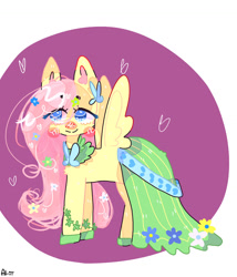 Size: 1280x1494 | Tagged: safe, artist:al-iii, imported from derpibooru, fluttershy, pegasus, pony, blush sticker, blushing, clothes, dress, eyebrows, eyebrows visible through hair, female, floating heart, flower, flower in hair, gala dress, heart, mare, shoes, solo