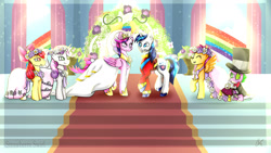 Size: 1280x720 | Tagged: safe, artist:aber6823, imported from derpibooru, apple bloom, princess cadance, scootaloo, shining armor, spike, sweetie belle, alicorn, dragon, earth pony, pegasus, pony, unicorn, a canterlot wedding, clothes, cutie mark crusaders, dress, female, filly, flower girl, foal, male, mare, marriage, request, ring bearer, shiningcadance, shipping, stallion, straight, uniform, wedding, wedding dress