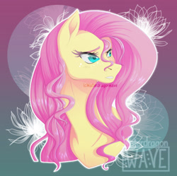 Size: 631x628 | Tagged: safe, artist:waterdragonwave, imported from derpibooru, fluttershy, pegasus, pony, abstract background, bust, female, mare, signature, solo