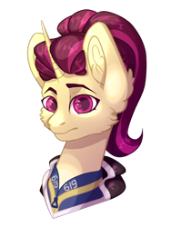 Size: 1500x2000 | Tagged: safe, artist:lazymishel, imported from derpibooru, oc, oc only, oc:speakeasy, pony, unicorn, fallout equestria, fallout equestria: dead tree, balefire blues, bust, clothes, female, jumpsuit, mare, simple background, solo, transparent background, vault suit