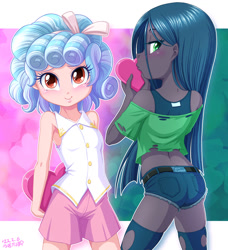 Size: 1200x1315 | Tagged: safe, artist:uotapo, imported from derpibooru, cozy glow, queen chrysalis, equestria girls, ass, belt, butt, clothes, cozybetes, cute, cutealis, duo, equestria girls-ified, female, heart, holiday, japanese, ripped stockings, shirt, shorts, skindentation, skirt, socks, stockings, t-shirt, tanktop, thigh highs, torn clothes, torn socks, valentine's day, younger