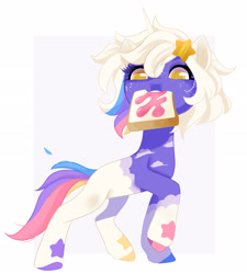 Size: 2731x3030 | Tagged: safe, artist:irusumau, imported from derpibooru, oc, oc only, pony, unicorn, bread, colored hooves, commissioner:acryweaver, female, food, freckles, horn, jam, looking at you, mare, mouth hold, multicolored body, multicolored tail, oc name needed, passepartout, raised hoof, requested art, solo, tail, toast, unicorn oc, white mane