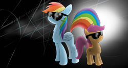 Size: 1024x549 | Tagged: safe, artist:d0ublerainb0wdash, imported from derpibooru, rainbow dash, scootaloo, pegasus, pony, 2014, black background, female, filly, foal, mare, simple background, sunglasses