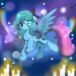 Size: 1280x1276 | Tagged: safe, imported from derpibooru, oc, oc only, pegasus, pony, bow, candle, collaboration, cute, female, hair bow, mare, one eye closed, pegasus oc, rainbow, spread wings, wings