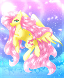 Size: 594x720 | Tagged: safe, artist:aber6823, imported from derpibooru, fluttershy, pegasus, pony, abstract background, female, flower petals, mare, solo, windswept mane