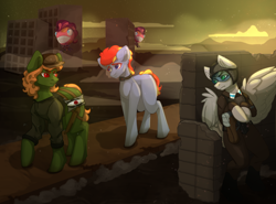 Size: 2700x2000 | Tagged: safe, artist:lazymishel, imported from derpibooru, pinkie pie, earth pony, pegasus, pony, fallout equestria, ambush, armor, balefire blues, bomb collar, clothes, collar, gun, hearts of iron 4, helmet, imminent death, jacket, leather jacket, male, ministry of morale, rifle, slave, slaver, slavery, soldier, stallion, uniform, weapon