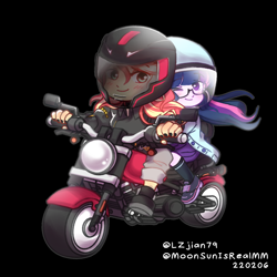 Size: 1280x1280 | Tagged: safe, artist:hiru3152, artist:lzjian79, imported from derpibooru, sci-twi, sunset shimmer, twilight sparkle, equestria girls, black background, blushing, chibi, clothes, collaboration, duo, female, helmet, jacket, leather jacket, lesbian, motorcycle, one eye closed, scitwishimmer, shipping, simple background, sunsetsparkle