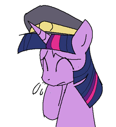 Size: 408x448 | Tagged: safe, artist:tetsutowa, imported from derpibooru, twilight sparkle, pony, unicorn, conductor, conductor hat, eyes closed, female, hat, mare, railfan twilight, raised hoof, simple background, solo, sweat, unicorn twilight, white background