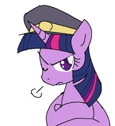 Size: 408x448 | Tagged: safe, artist:tetsutowa, imported from derpibooru, twilight sparkle, pony, unicorn, conductor, conductor hat, female, hat, horn, mare, one eye closed, railfan twilight, simple background, solo, unicorn twilight, white background