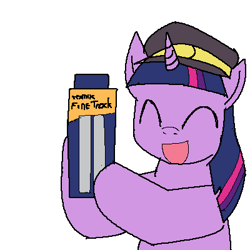 Size: 400x400 | Tagged: safe, artist:tetsutowa, imported from derpibooru, twilight sparkle, pony, unicorn, ^^, conductor, conductor hat, eyes closed, female, happy, hat, hoof hold, horn, mare, open mouth, open smile, railfan twilight, simple background, smiling, solo, unicorn twilight, white background