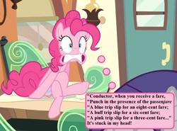 Size: 864x640 | Tagged: safe, edit, edited screencap, editor:korora, imported from derpibooru, screencap, pinkie pie, rarity, earth pony, pony, the last roundup, conductor when you receive a fare, cropped, crossed legs, ear worm, female, friendship express, intentional spelling error, mare, solo, thought bubble