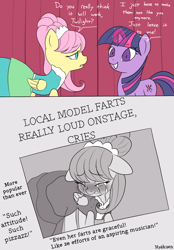 Size: 1161x1670 | Tagged: safe, artist:hyakuen, imported from derpibooru, fluttershy, twilight sparkle, pegasus, pony, unicorn, i'm so sorry, green isn't your color, 2 panel comic, blushing, clothes, comic, crying, dress, embarrassed, eyebrows, eyebrows visible through hair, eyes closed, fart joke, glowing, glowing horn, horn, implied farting, implied photo finish, implied rarity, newspaper, parody, scene parody, sparkles, toilet humor, unicorn twilight