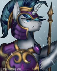 Size: 1024x1280 | Tagged: safe, artist:blanel_exodus272, imported from derpibooru, shining armor, pony, unicorn, armor, badass, digital art, helmet, horn, male, royal guard armor, shield, snow, solo, spear, stallion, weapon