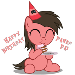 Size: 3900x3880 | Tagged: safe, artist:strategypony, imported from derpibooru, oc, oc only, oc:ace play, oc:cutie e, earth pony, birthday, cake, cake slice, content, cute, earth pony oc, eating, eyes closed, female, filly, foal, food, happy birthday, hat, hoof hold, party hat, plate, rule 63, simple background, sitting, solo, text, transparent background