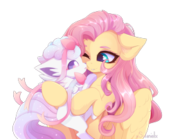 Size: 4500x3600 | Tagged: safe, artist:xsatanielx, imported from derpibooru, fluttershy, pony, vulpix, alolan form, commission, crossover, cute, female, one eye closed, pokémon, shyabetes, simple background, smiling, transparent background