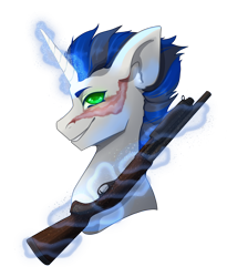 Size: 1800x2200 | Tagged: safe, artist:lazymishel, imported from derpibooru, oc, oc only, oc:two-kick ripple, unicorn, fallout equestria, balefire blues, bust, fallout equestria: guise of chaos, gun, magic, magic aura, male, paragon, raider, shotgun, simple background, solo, stallion, telekinesis, transparent background, weapon